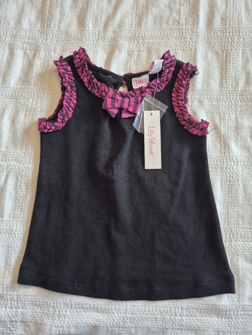 Lilly Wicket girls tank top ribbed size 3T, black with pink & black ruffle NEW